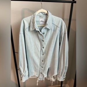 Very distressed oversized denim shirt jacket